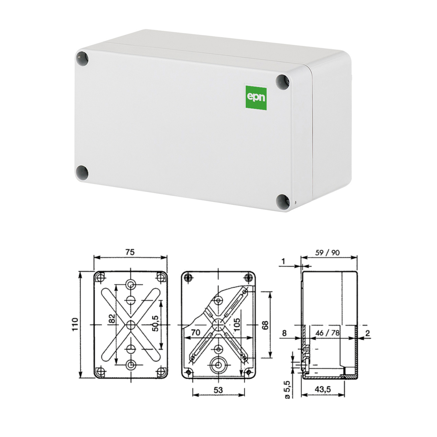Abzweigdose / Industriebox / Leergehäuse / Schaltkasten / Verteilerkasten / IP65 / hellgrau 110 x 75 x 59 mm