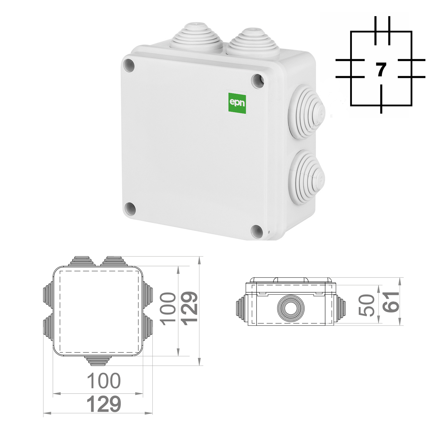 Abzweigdose / Industriebox / Leergehäuse / Schaltkasten / Verteilerkasten / IP55 / weiß mit Dichtungen / 129 x 129 x 61 mm