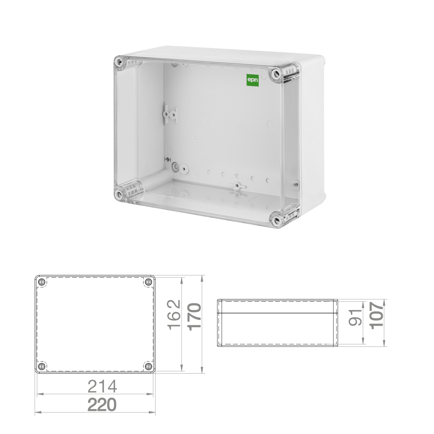 Hochwertige Abzweigdose / Industriebox / Leergehäuse / IP65 / grau mit transparenter Front / 220 x 170 x 107 mm