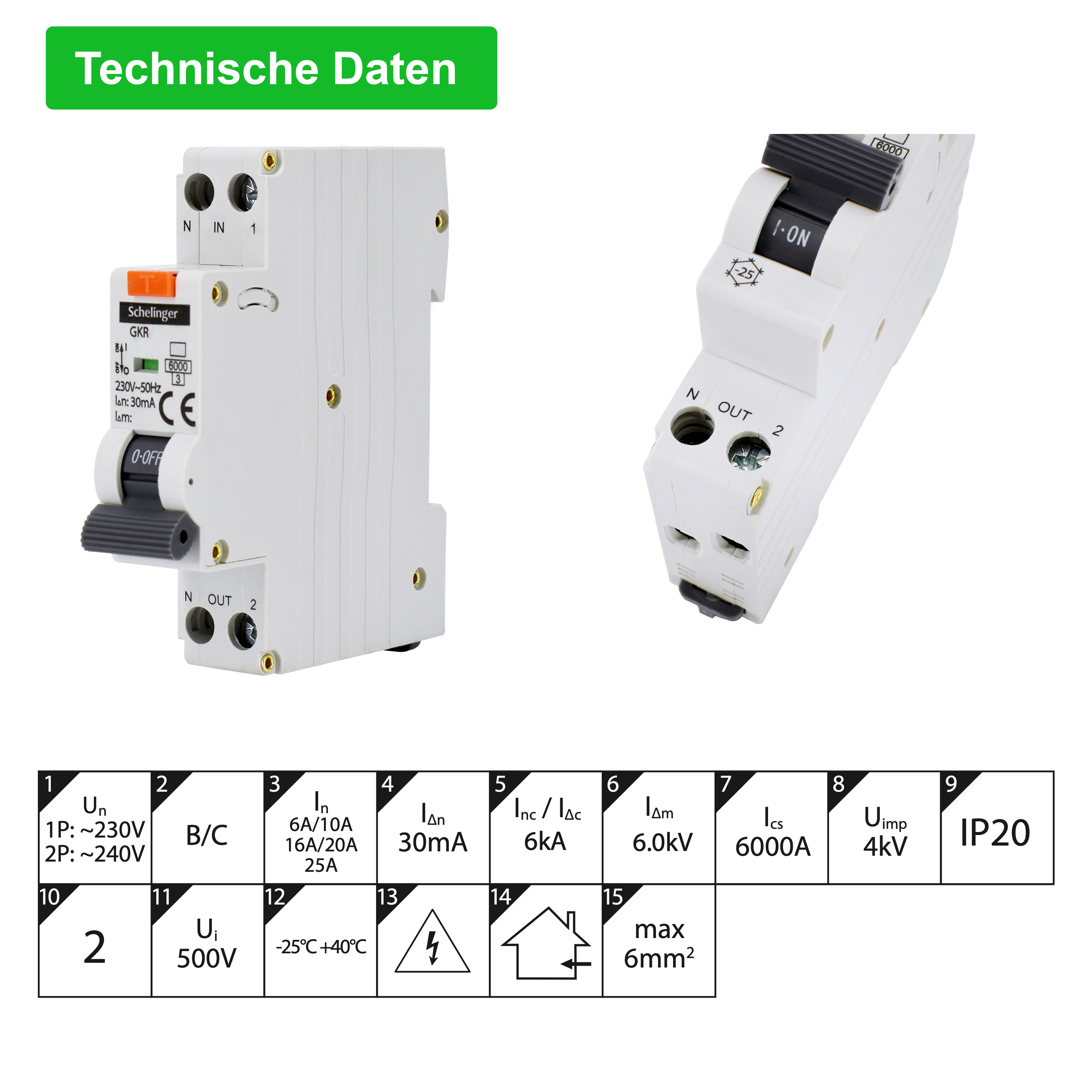 Schelinger Fehlerstromschutzschalter mit integrierterm Leitungsschutzschalter / FI+LS / 1-Polig 30 mA / B / C / 6A / 10A / 16A / 20A / 25A / 30mA