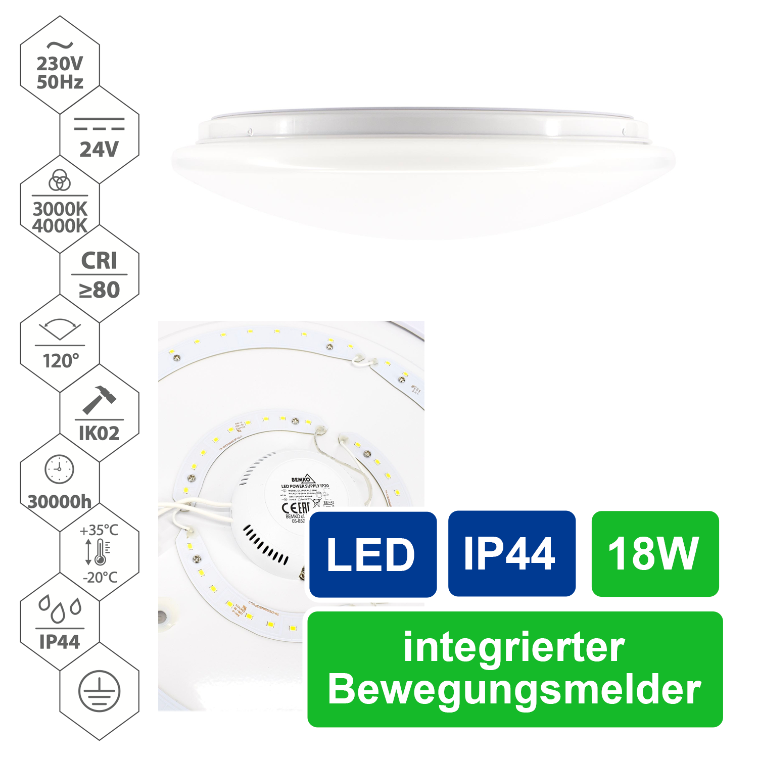 LED Deckenleuchte / 18 W / 3000 K / 1450 lm / IP 44, feuchtraumgeeignet / mit Mikrowellensensor