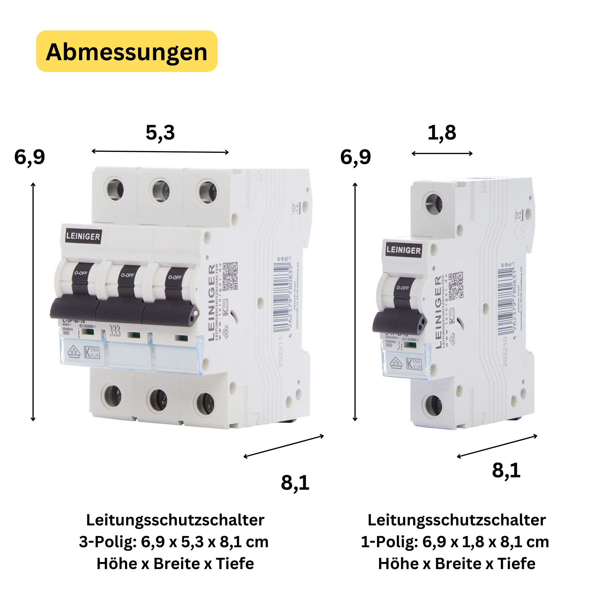 Leiniger Leitungsschutzschalter / LS-Schalter / 1-Polig / 3-Polig / B / C / 6kA / 2A-63A / VDE geprüft