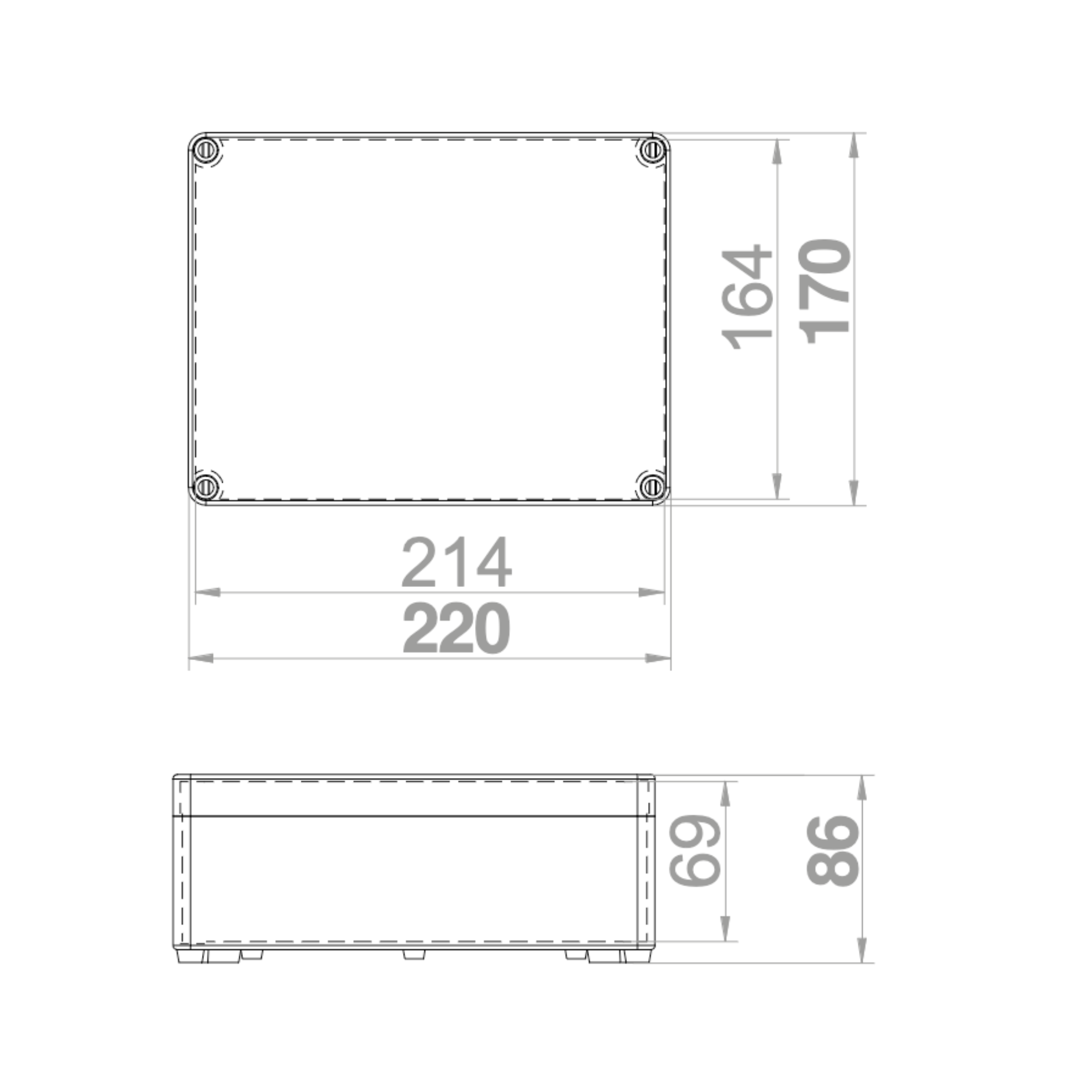 Hochwertige Abzweigdose / Industriebox / Leergehäuse / IP65 / hellgrau / Premium-Qualität / Abmessungen: 220 x 170 x 86