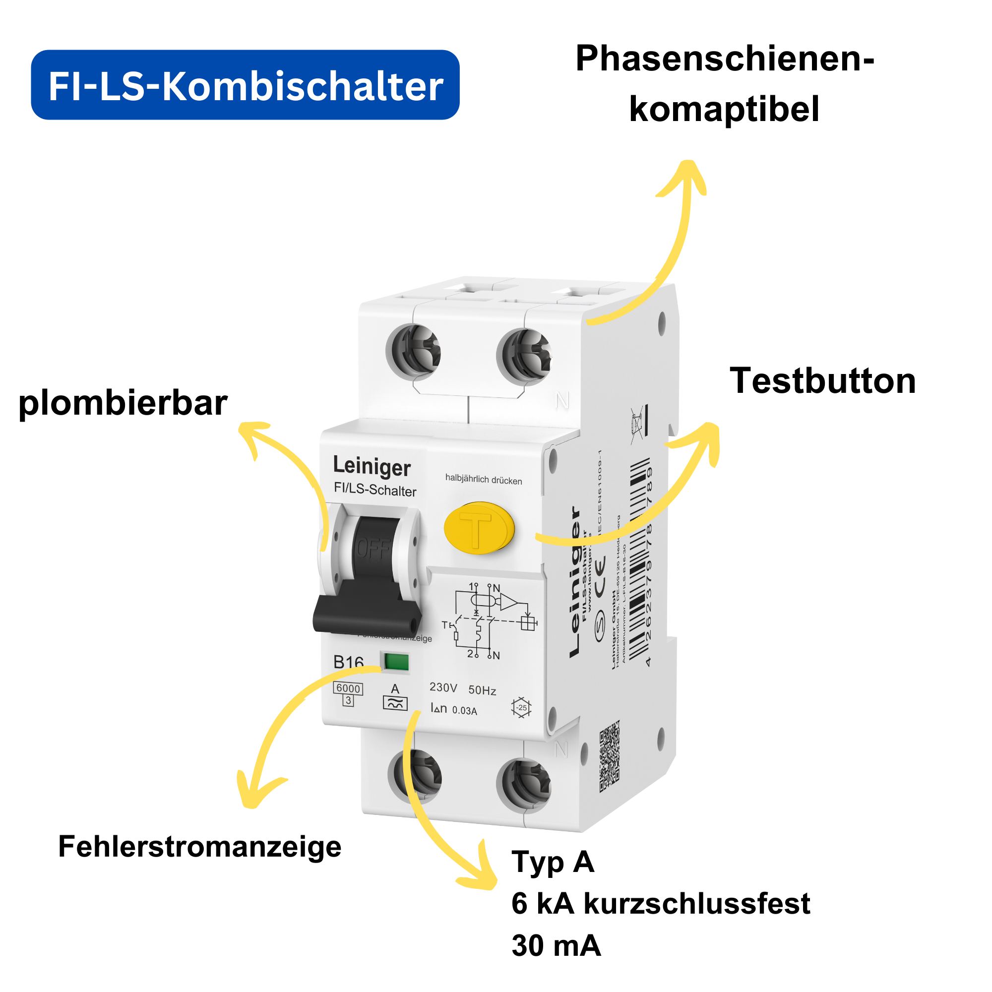 LEINIGER Fehlerstromschutzschalter mit Leitungsschutzschalter / FI+LS / 2-Polig 30 mA / B16 / B25 / C16 / C25