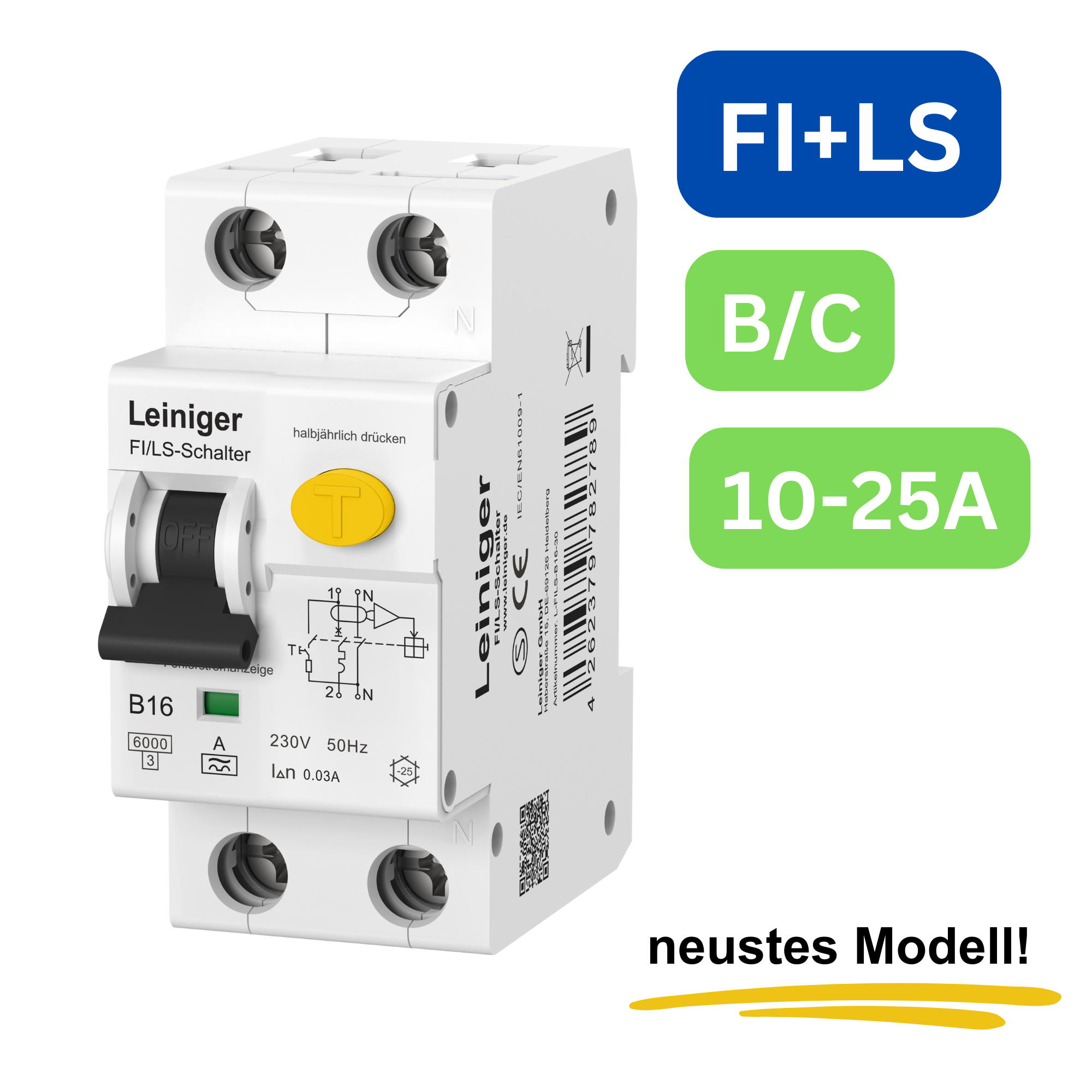 LEINIGER Fehlerstromschutzschalter mit Leitungsschutzschalter / FI+LS / 2-Polig 30 mA / B16 / B25 / C16 / C25