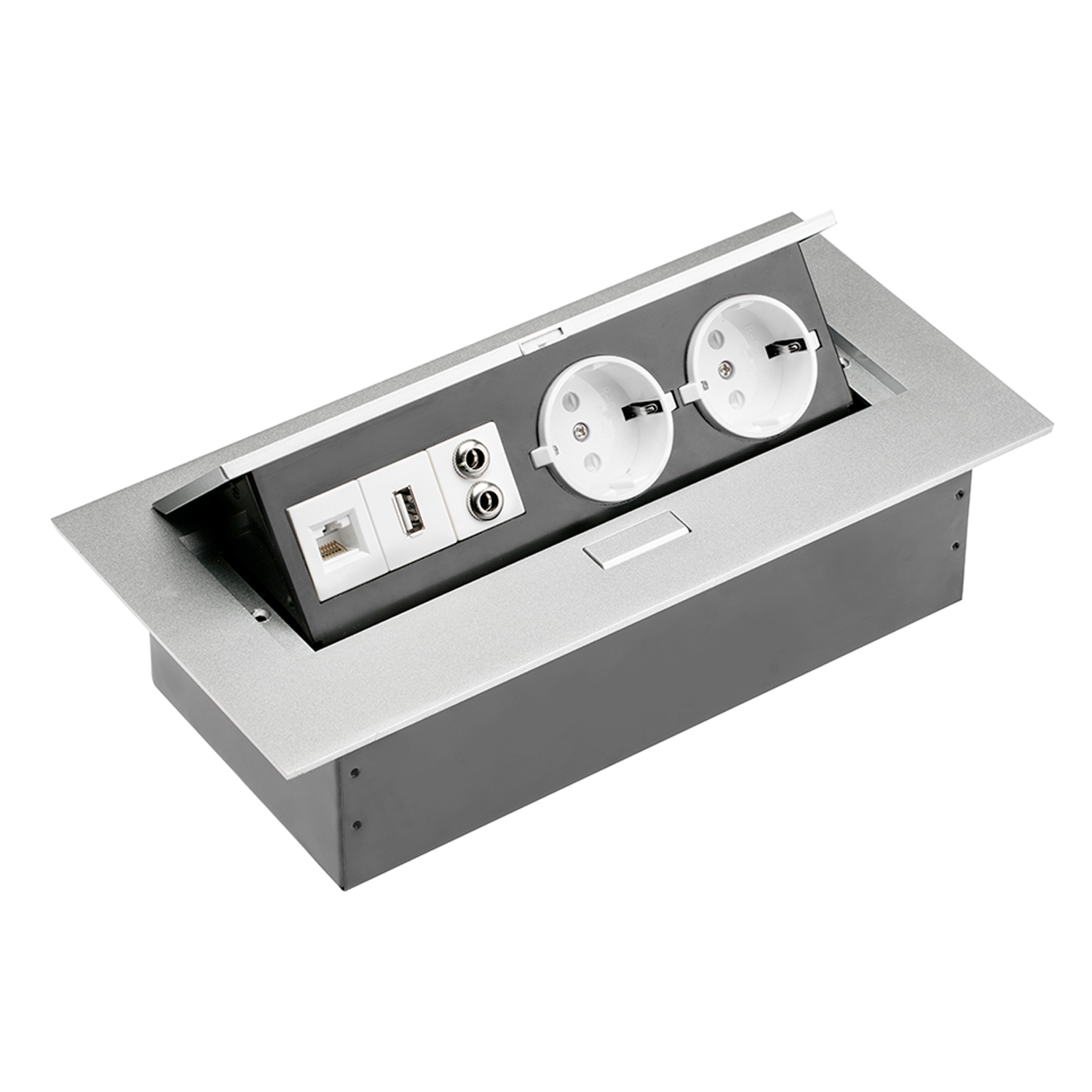 Tischsteckdose Bodensteckdose 2-fach USB Aux Ethernet LAN versenkbar Aluminium silber