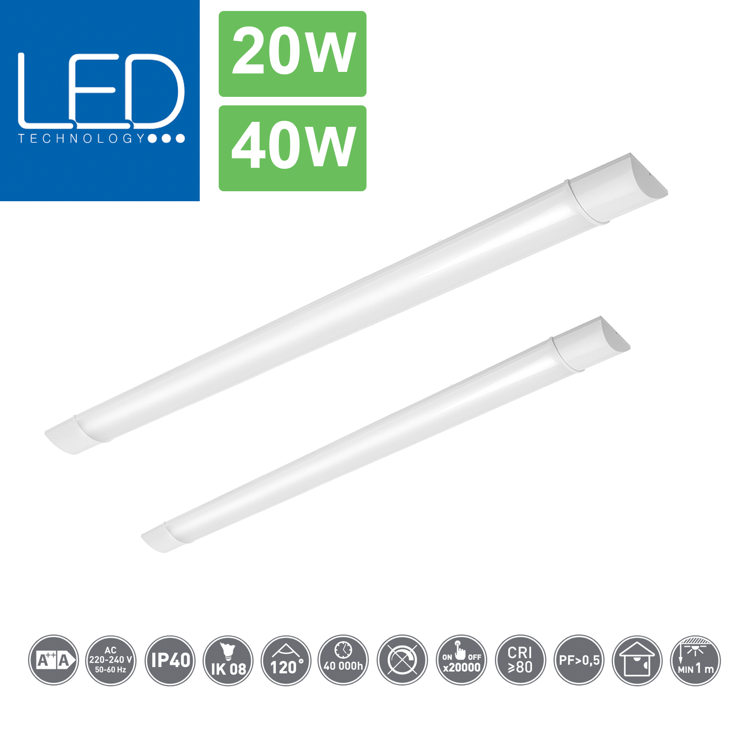flache LED-Lichtleiste ideal für Büro, Werkstatt oder Keller / IP 40 / 20W oder 40W / 1800 lm oder 3600 lm