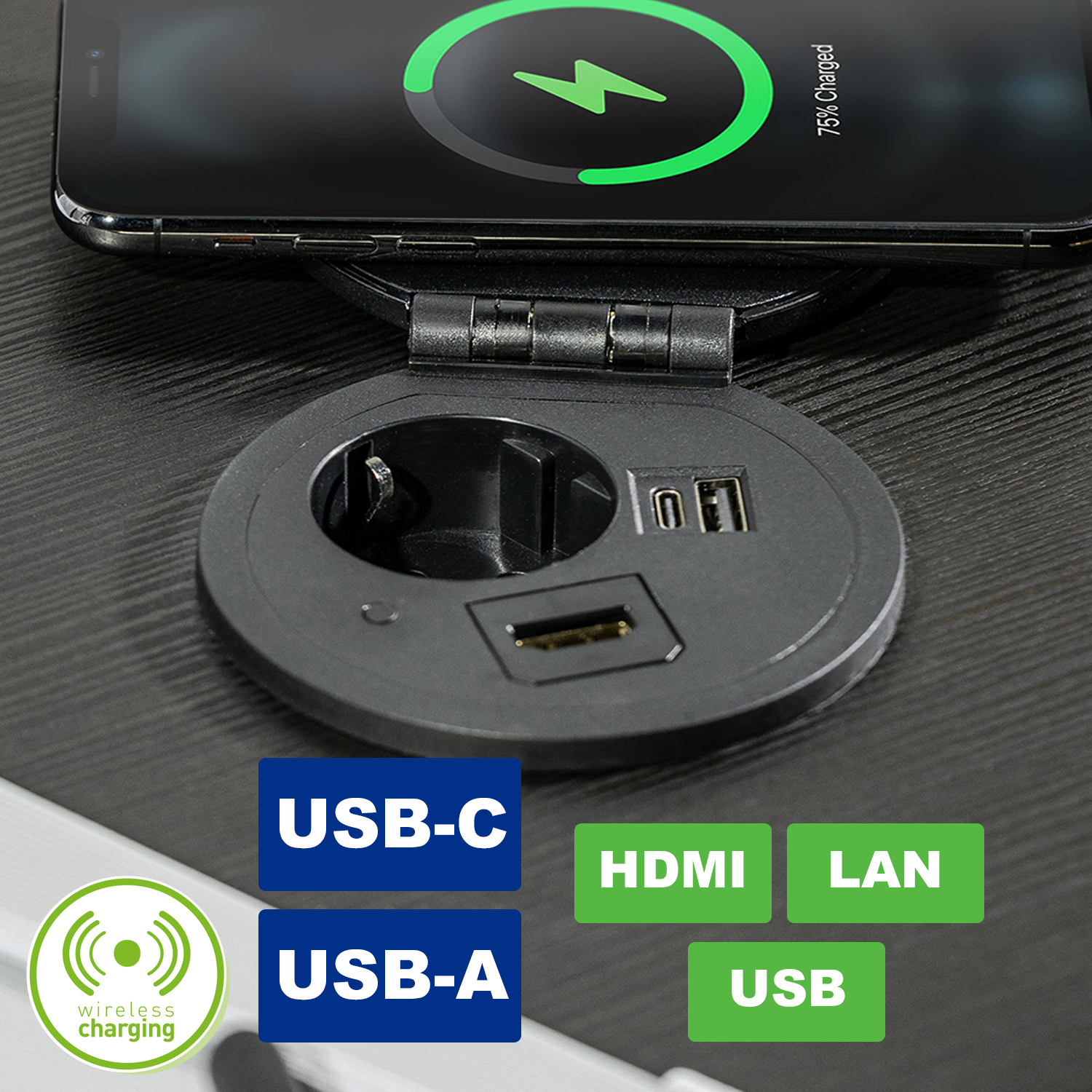 Runde Tischeinbausteckdose mit USB-A, USB-C und Wireless-Charge-Oberfläche sowie austauschbarem Modul (HDMI, LAN, USB oder beliebig)