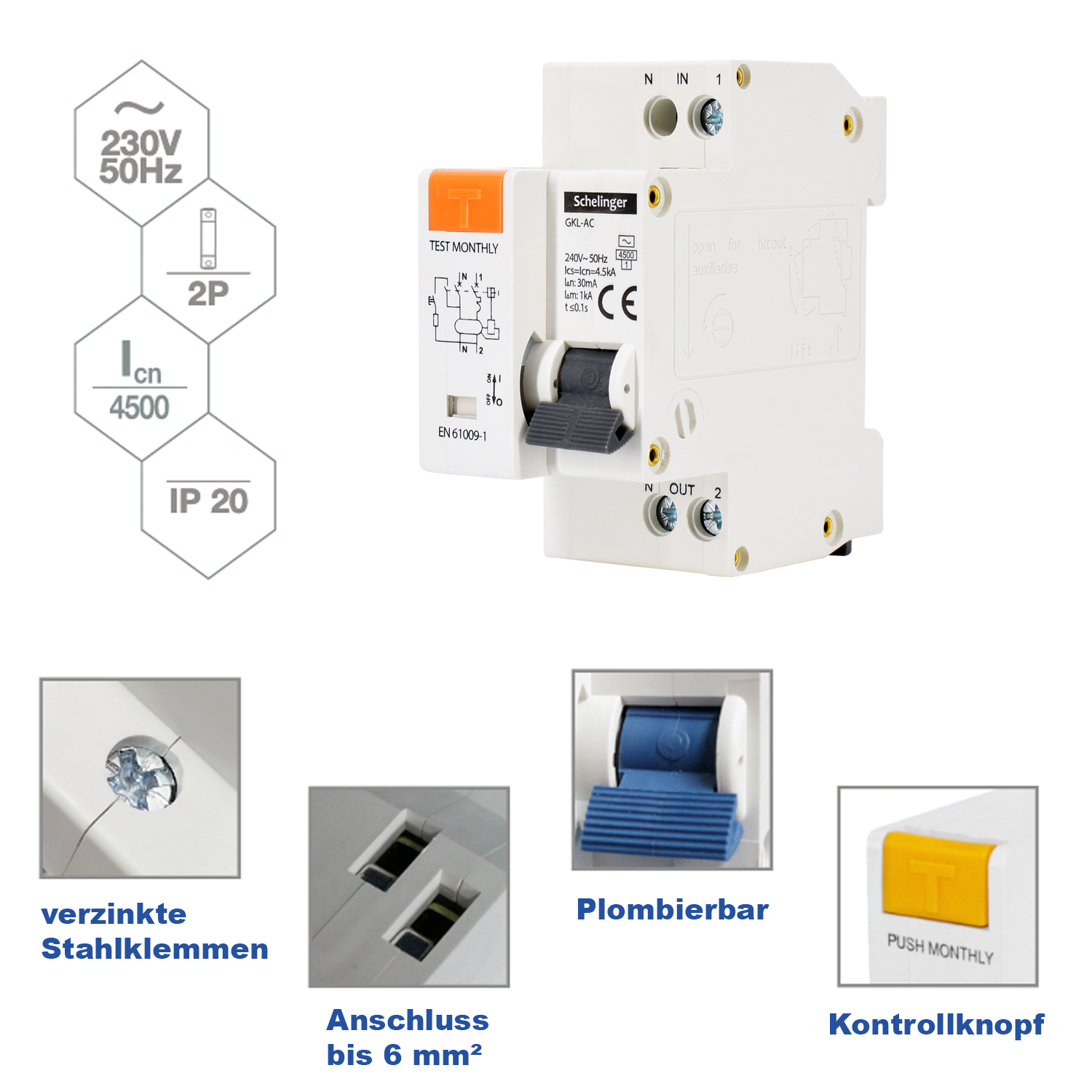 Schelinger Fehlerstromschutzschalter mit integrierterm Leitungsschutzschalter / FI+LS / 2-Polig 30 mA / B / C / 10A / 16A / 20A / 25A / 30mA
