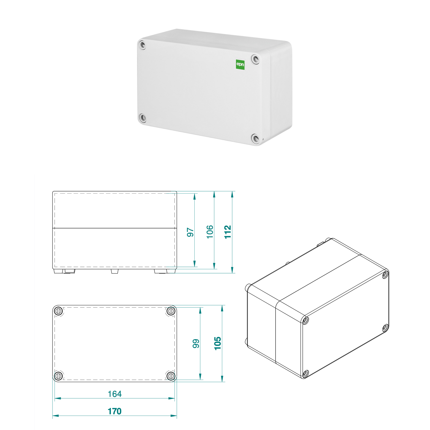 Hochwertige Abzweigdose / Industriebox / Leergehäuse / IP65 / hellgrau / Premium-Qualität / Abmessungen: 170 x 105 x 112
