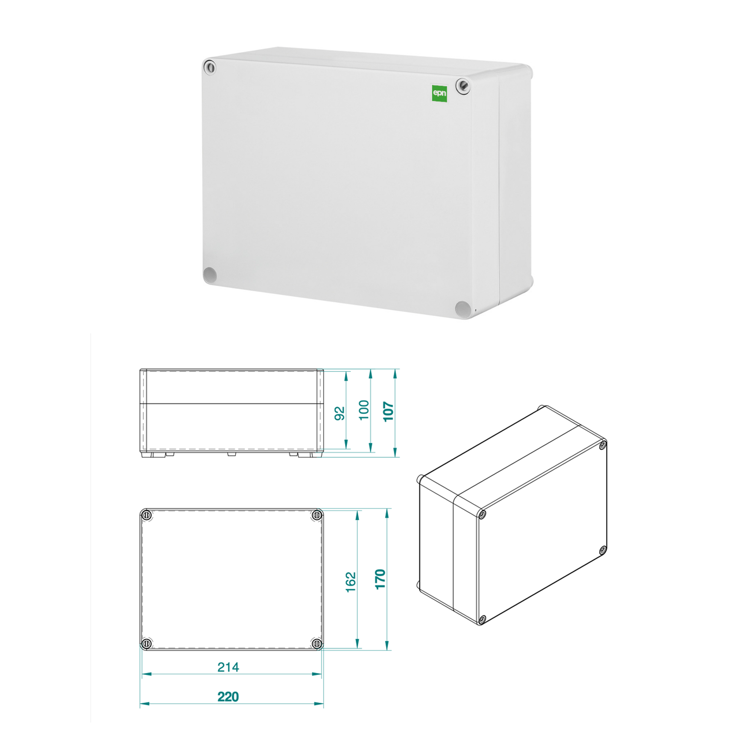 Hochwertige Abzweigdose / Industriebox / Leergehäuse / IP65 / hellgrau / Premium-Qualität / Abmessungen: 220 x 170 x 107 