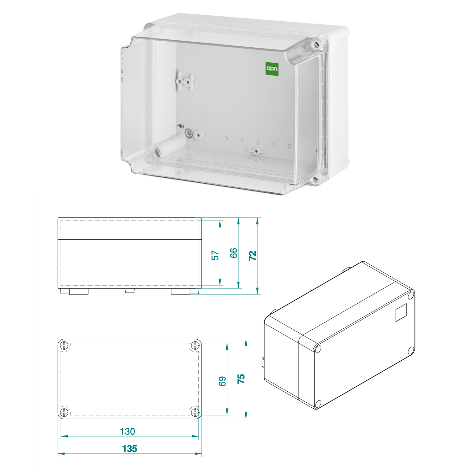 Abzweigdose / Industriebox / Leergehäuse / Schaltkasten / Verteilerkasten / IP65 / weiß mit ransparenter Front / 135 x 74 x 72 mm