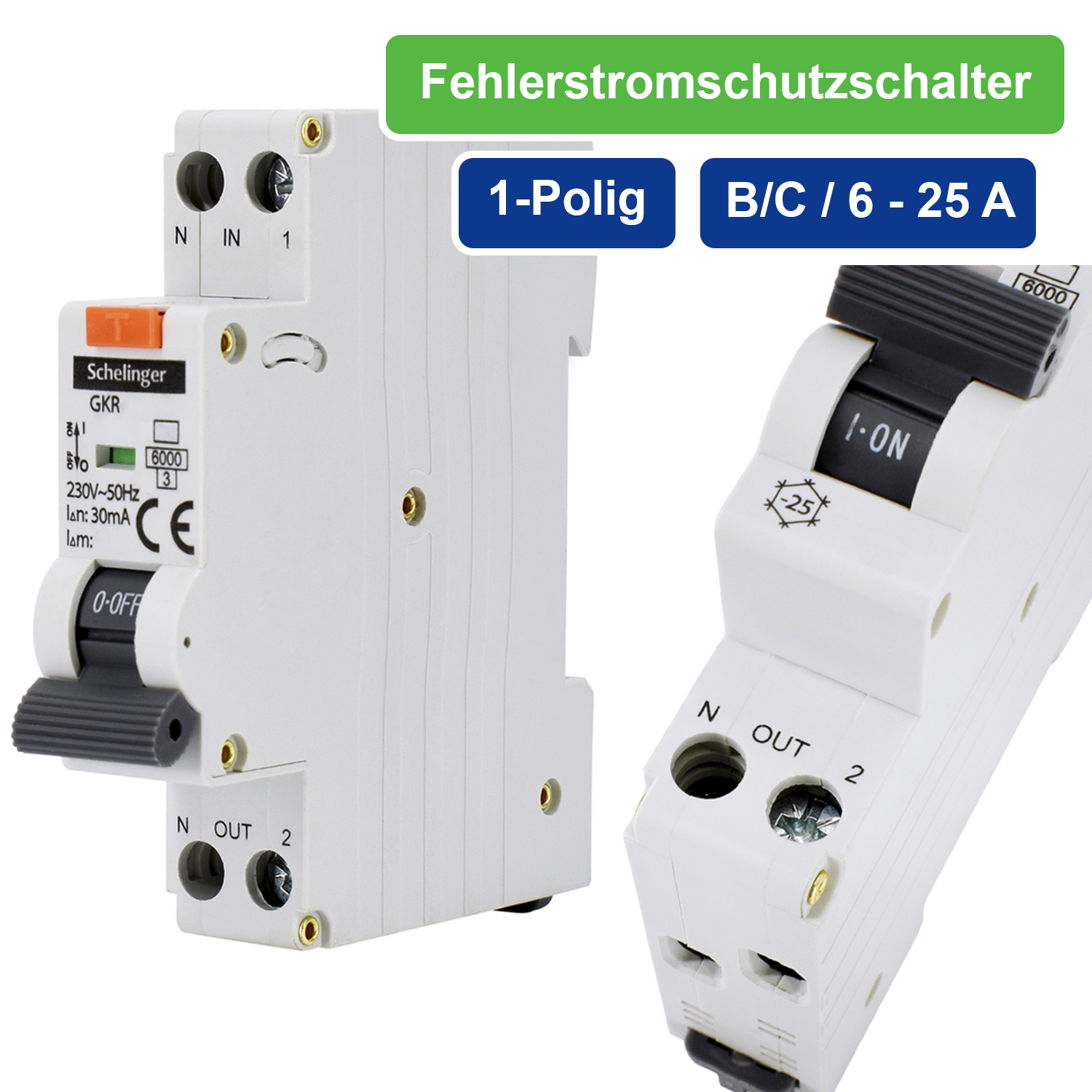 Schelinger Fehlerstromschutzschalter mit integrierterm Leitungsschutzschalter / FI+LS / 1-Polig 30 mA  / B / C / 6A / 10A / 16A / 20A / 25A / 30mA