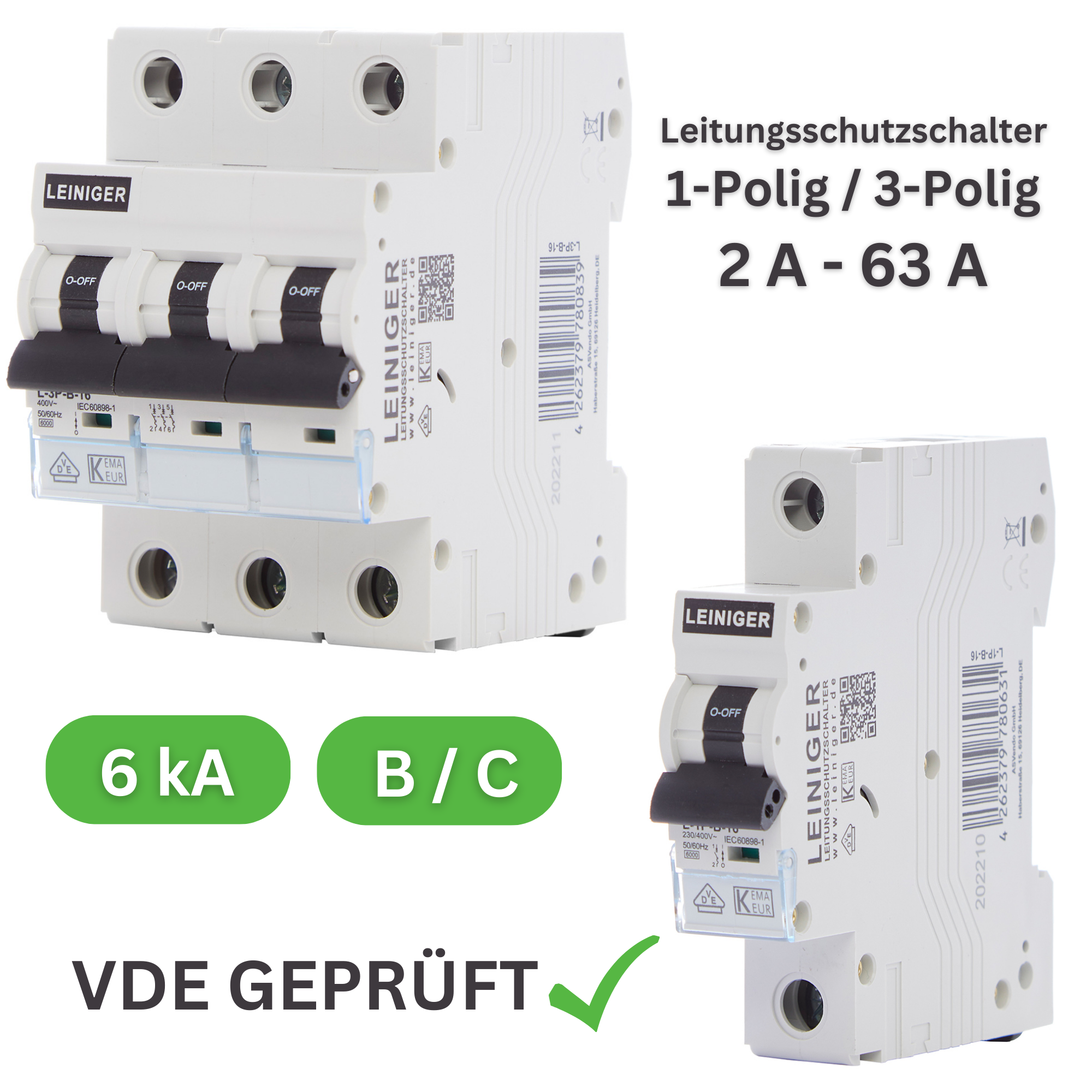 Leiniger Leitungsschutzschalter / LS-Schalter / 1-Polig / 3-Polig / B / C /  6kA / 2A-63A / VDE geprüft