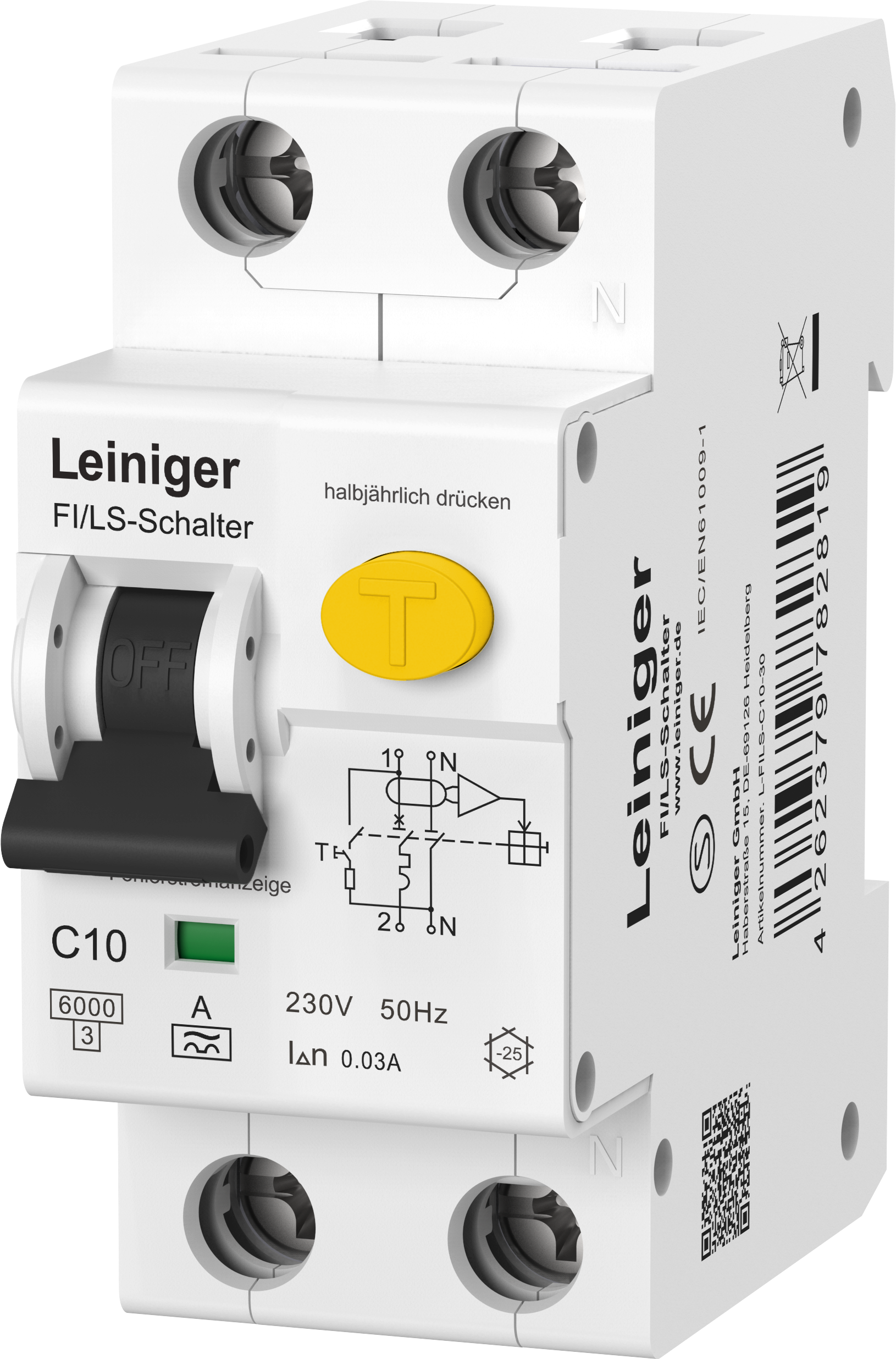 LEINIGER Fehlerstromschutzschalter mit integriertem Leitungsschutzschalter / Typ A / 6 kA / 30 mA / C / 10 A