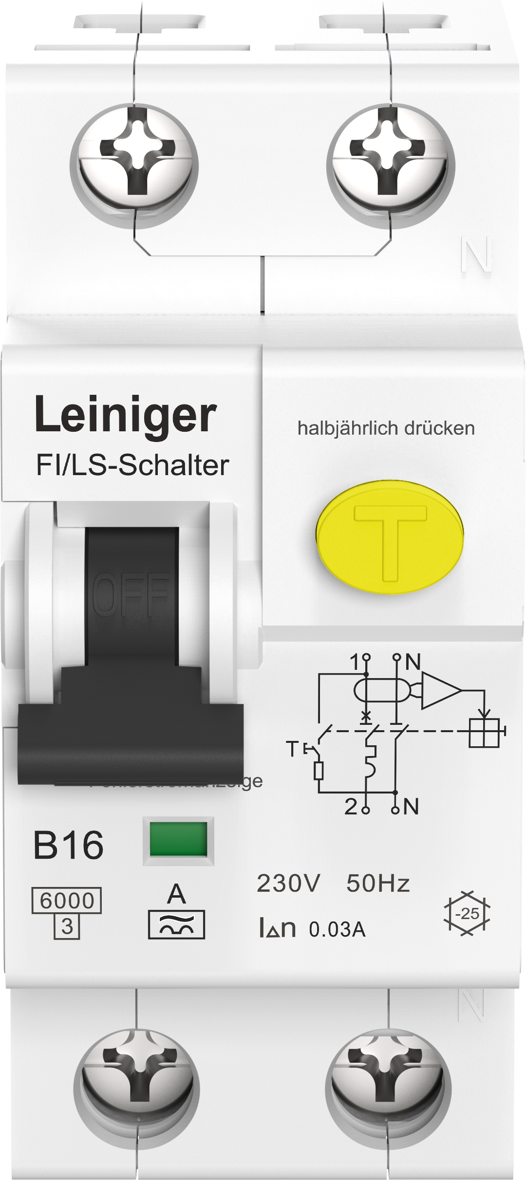 LEINIGER Fehlerstromschutzschalter mit integriertem Leitungsschutzschalter / Typ A / 6 kA / 30 mA / B / 16A