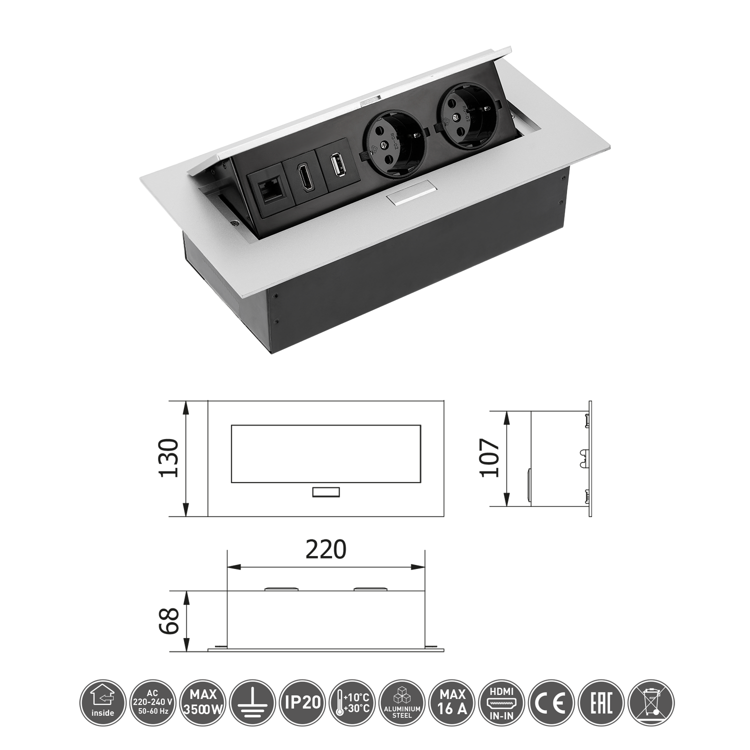 Tischsteckdose Bodensteckdose 2-fach USB HDMI Ethernet LAN versenkbar Aluminium