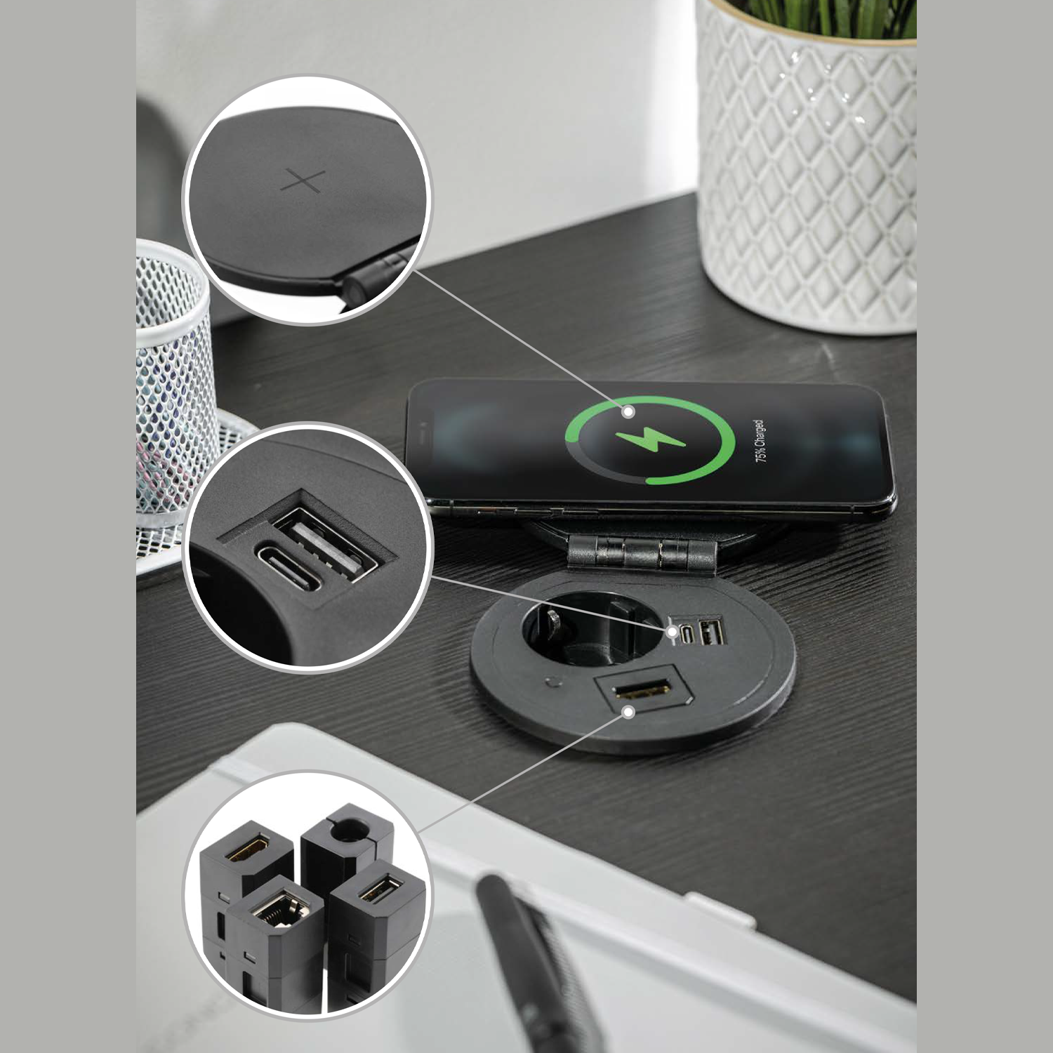Runde Tischeinbausteckdose mit USB-A, USB-C und Wireless-Charge-Oberfläche sowie austauschbarem Modul (HDMI, LAN, USB oder beliebig)